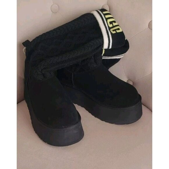NEW UGG CLASSIC SWEATER LETTER KNIT SUEDE PLATFORM BOOTS BLACK SIZE US 9 - Picture 7 of 9